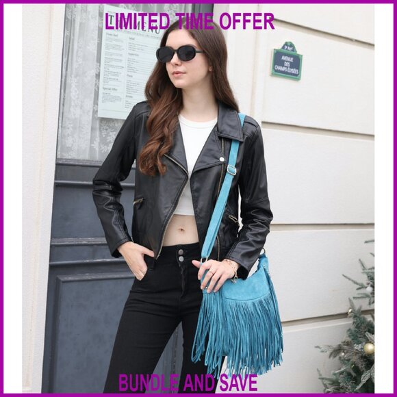 Vintage Vegan Suede Hobo Crossbody Bag with Fringe Tassels, Multi-Pocket - Picture 8 of 8